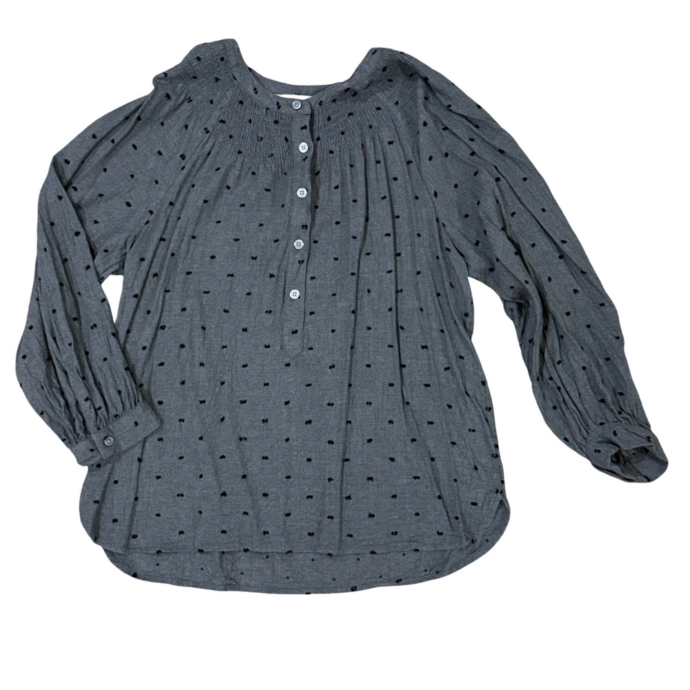 LOFT‎ Women's Gray Smocked Neck Long Sleeve Blouse Black Dot Print Size M
